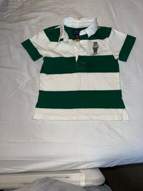 Polo by Ralph Lauren Green & White Striped Rugby Polo with Bear Patch